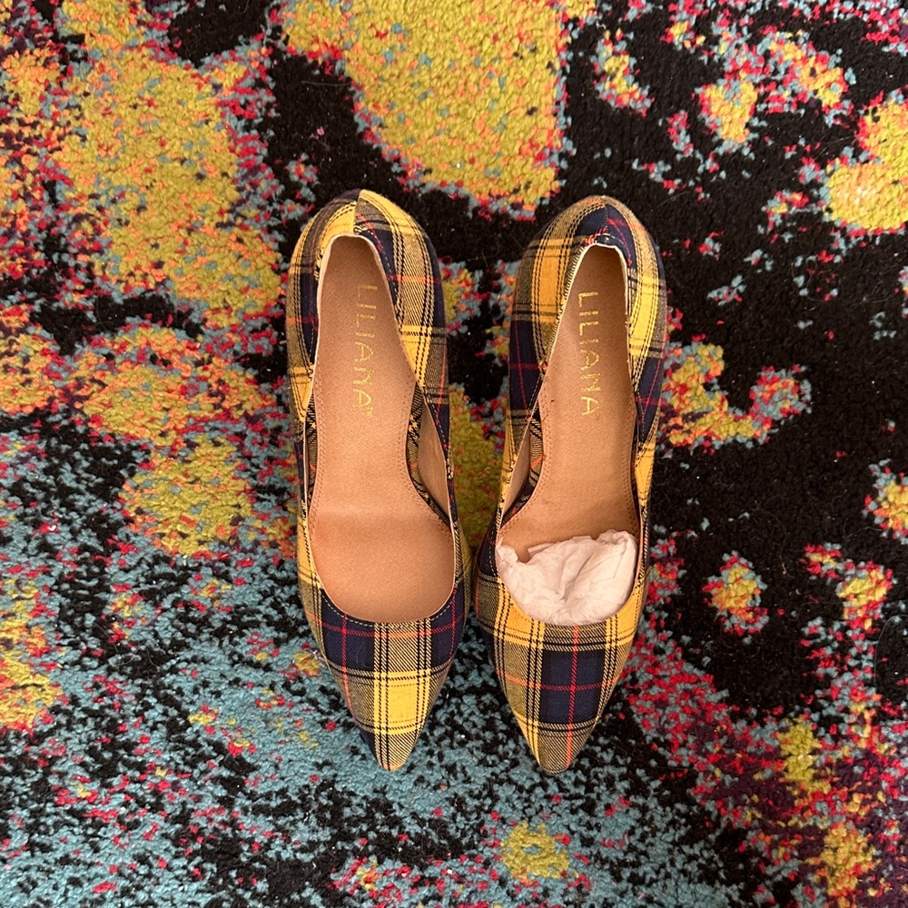 Liliana Yellow and Black Plaid Heels - Picture 2 of 4